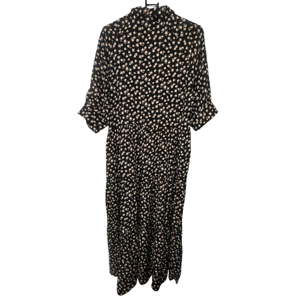 Natural Life Floral Midi Dress Medium Black Boho Tiered Button Front Rayon - Picture 3 of 8